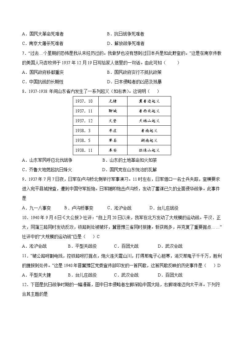 第六单元中华民族的抗日战争-【全脑训练】2022-2023学年八年级历史上册同步阶段测评卷02