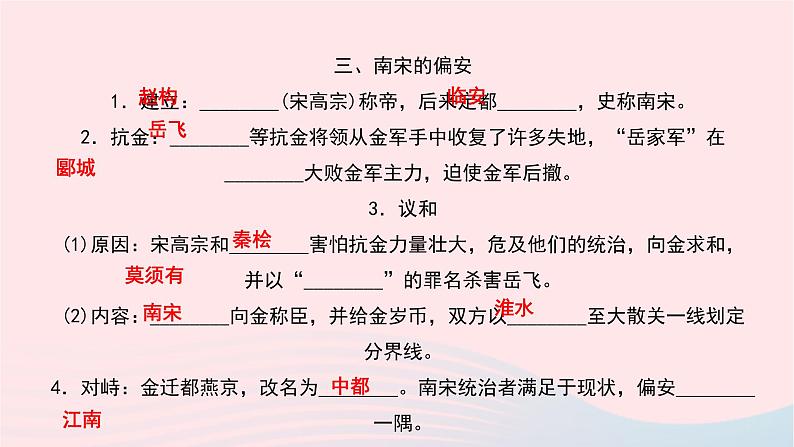 历史人教版七年级下册同步教学课件第2单元辽宋夏金元时期：民族关系发展和社会变化第8课金与南宋的对峙作业第4页