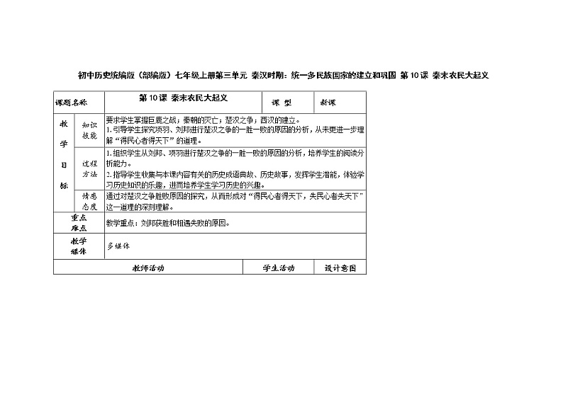 初中历史统编版（部编版）七年级上册第三单元 秦汉时期：统一多民族国家的建立和巩固 第10课 秦末农民大起义教案01