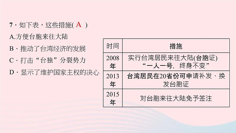 历史人教版八年级下册同步教学课件第4单元民族团结与祖国统一第14课海峡两岸的交往作业08