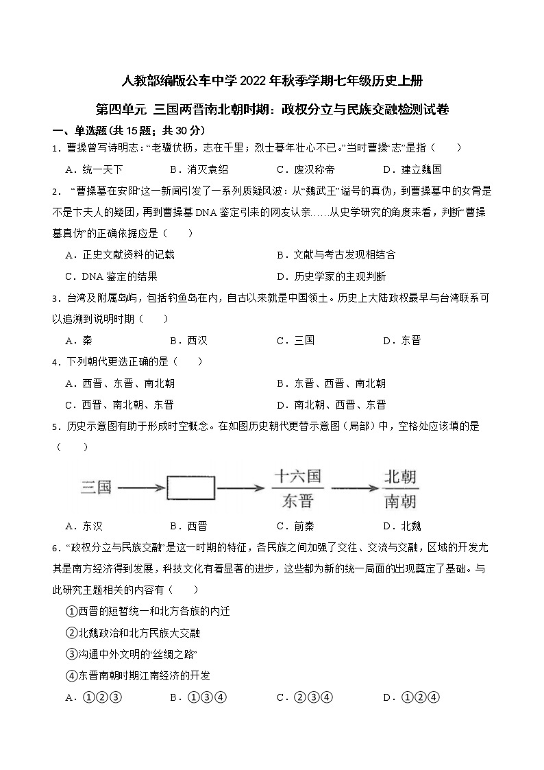 第四单元三国两晋南北朝时期：政权分立与民族交融检测试卷2022--2023学年部编版七年级历史上册(含答案)01