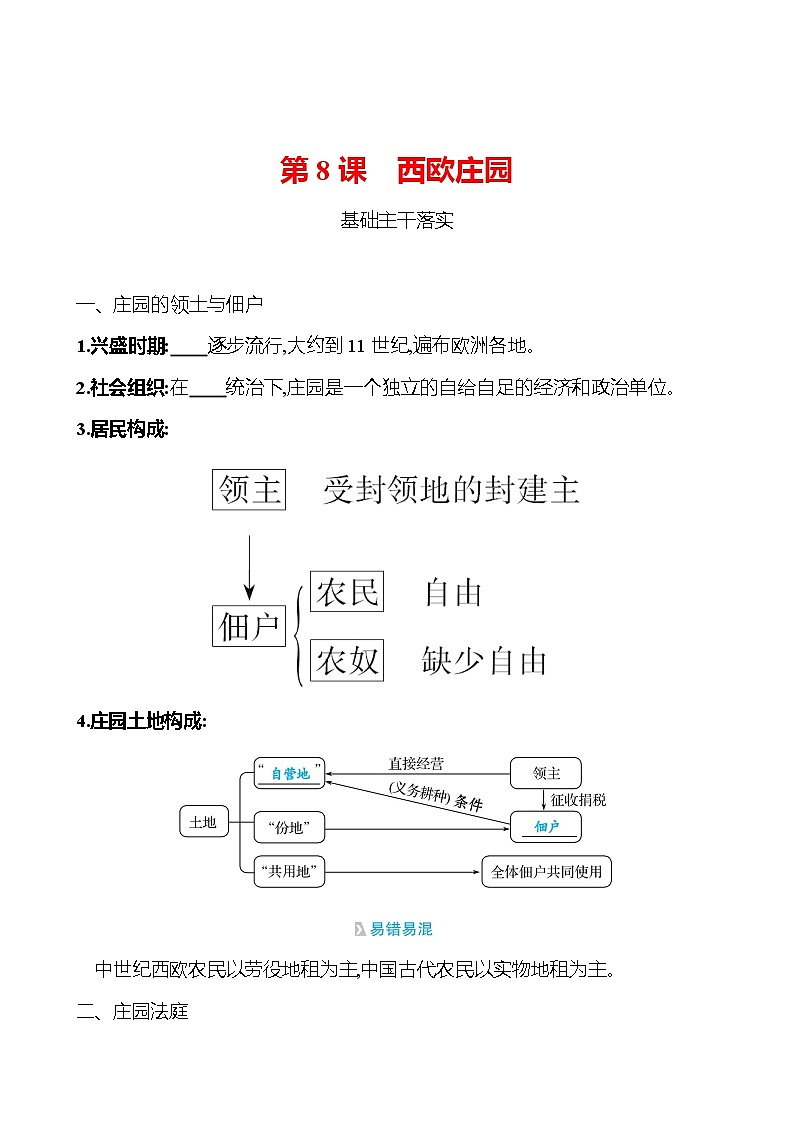 第三单元  第8课  西欧庄园 同步真题训练 2022-2023部编版九年级上册历史01