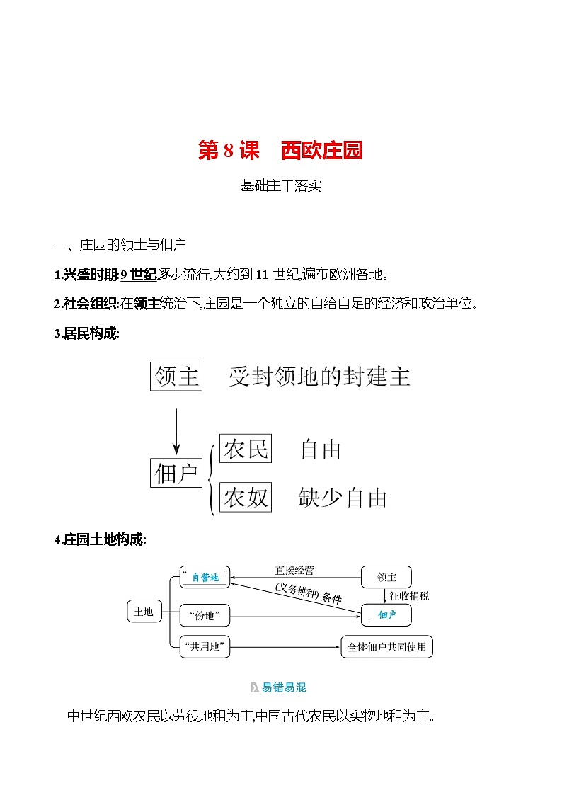 第三单元  第8课  西欧庄园 同步真题训练 2022-2023部编版九年级上册历史01