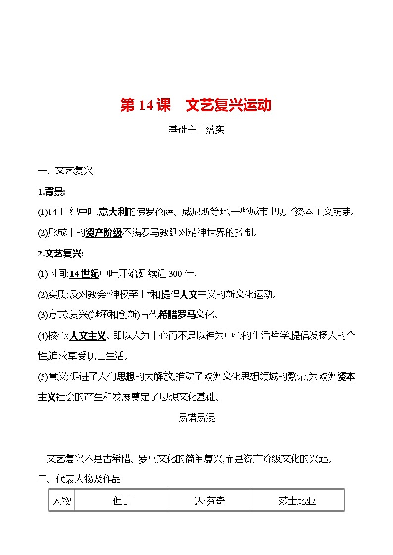 第五单元  第14课  文艺复兴运动 同步真题训练 2022-2023部编版九年级上册历史01
