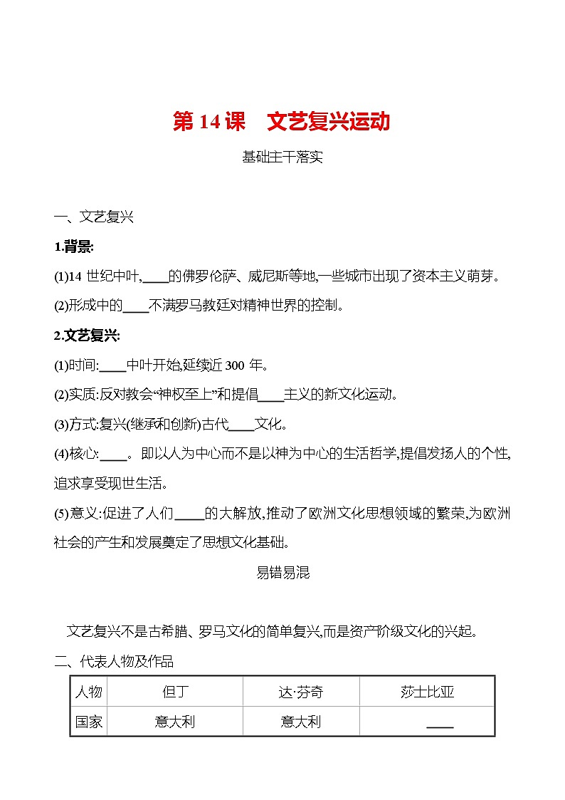 第五单元  第14课  文艺复兴运动 同步真题训练 2022-2023部编版九年级上册历史01