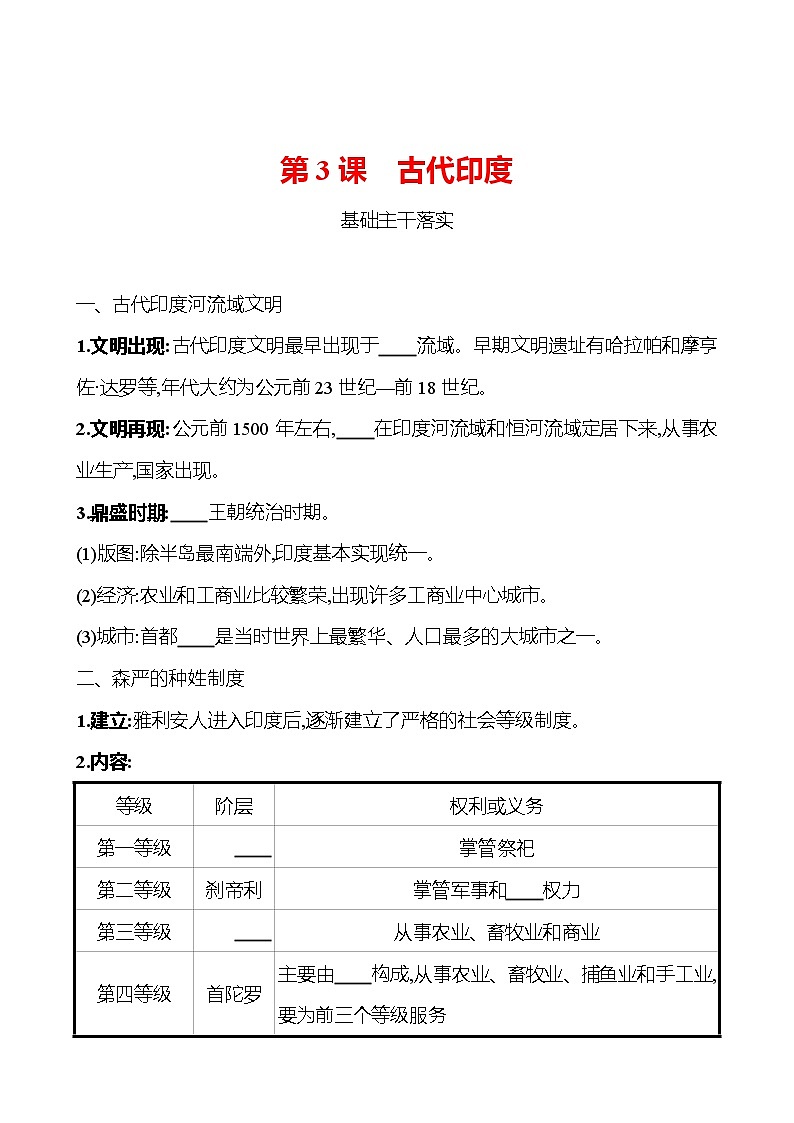 第一单元  第3课  古代印度 同步真题训练 （学生版）2022-2023部编版九年级上册历史第1页
