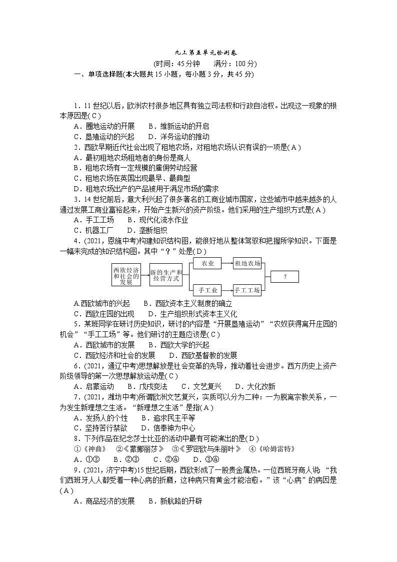 人教部编版九年级历史上册第五单元检测卷含答案第1页