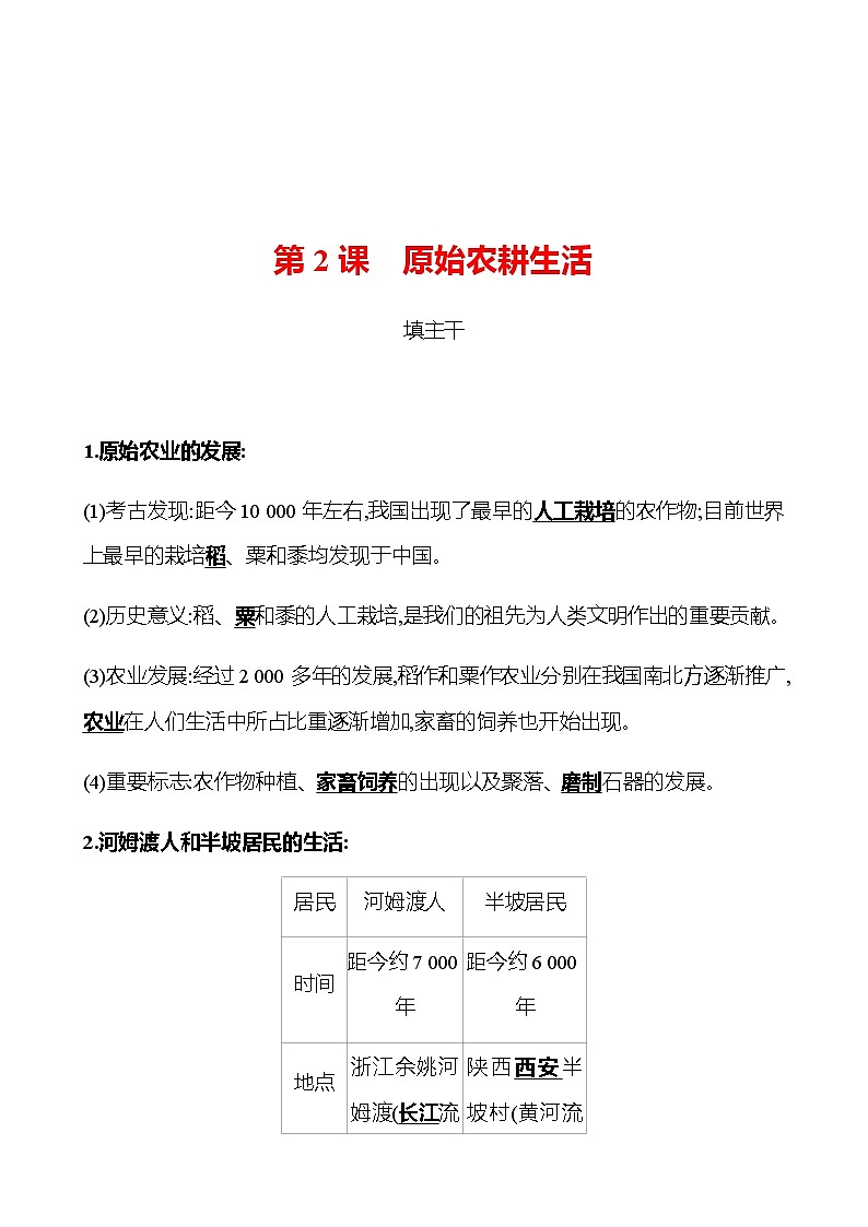 第一单元  第2课  原始农耕生活 同步练习2022-2023 部编版历史 七年级上册01