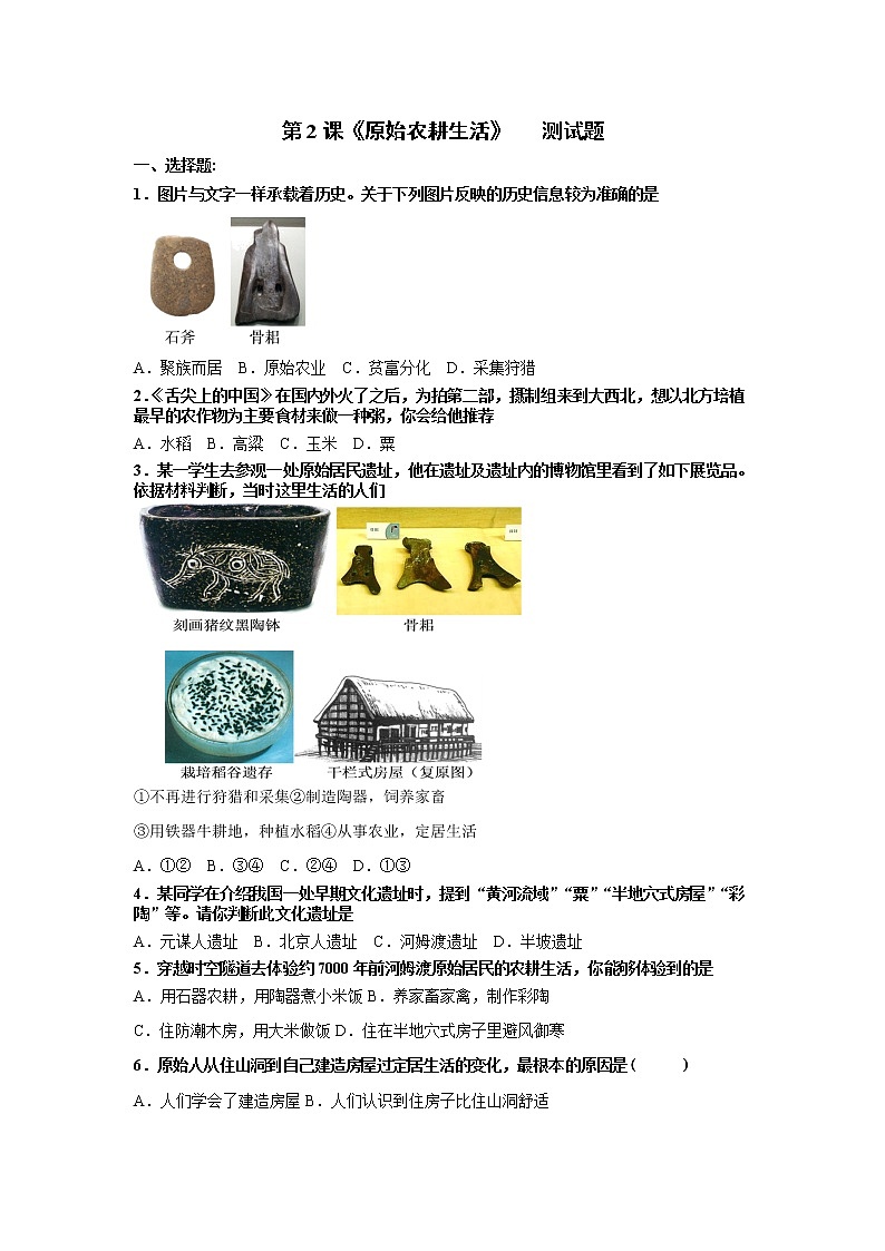 第2课《原始农耕生活》测试题第1页