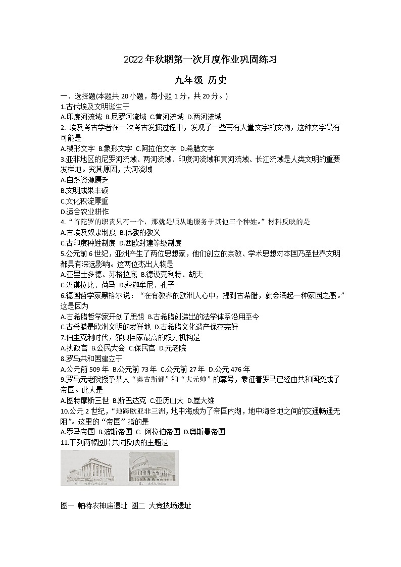 河南省2022——2023学年部编版九年级上册历史月考试题(含答案)第1页