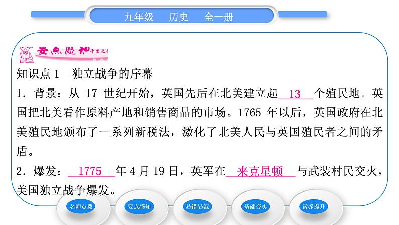 人教版九年级历史上第6单元资本主义制度的初步确立第18课　美国的独立习题课件第6页