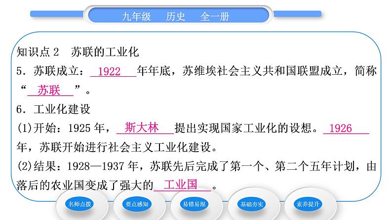 人教版九年级历史下第3单元第一次世界大战和战后初期的世界第11课　苏联的社会主义建设习题课件第8页