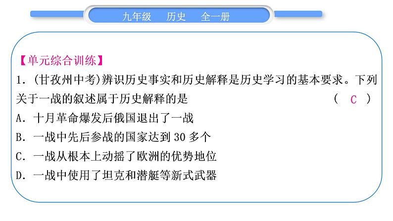 人教版九年级历史下第3单元第一次世界大战和战后初期的世界第三单元总结提升习题课件07