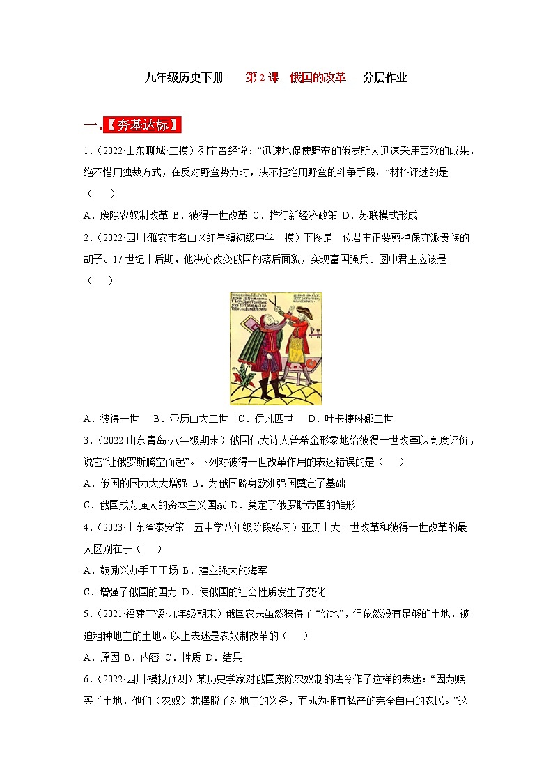 2022-2023学年人教版九年级历史下册 第1单元 第2课 俄国的改革（分层作业）01