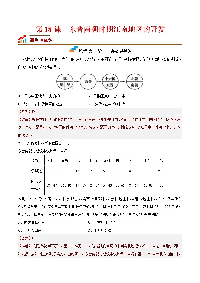 【培优分级练】部编版历史 七年级上册 第18课《东晋南朝时期江南地区的开发》同步分级练（含解析）01