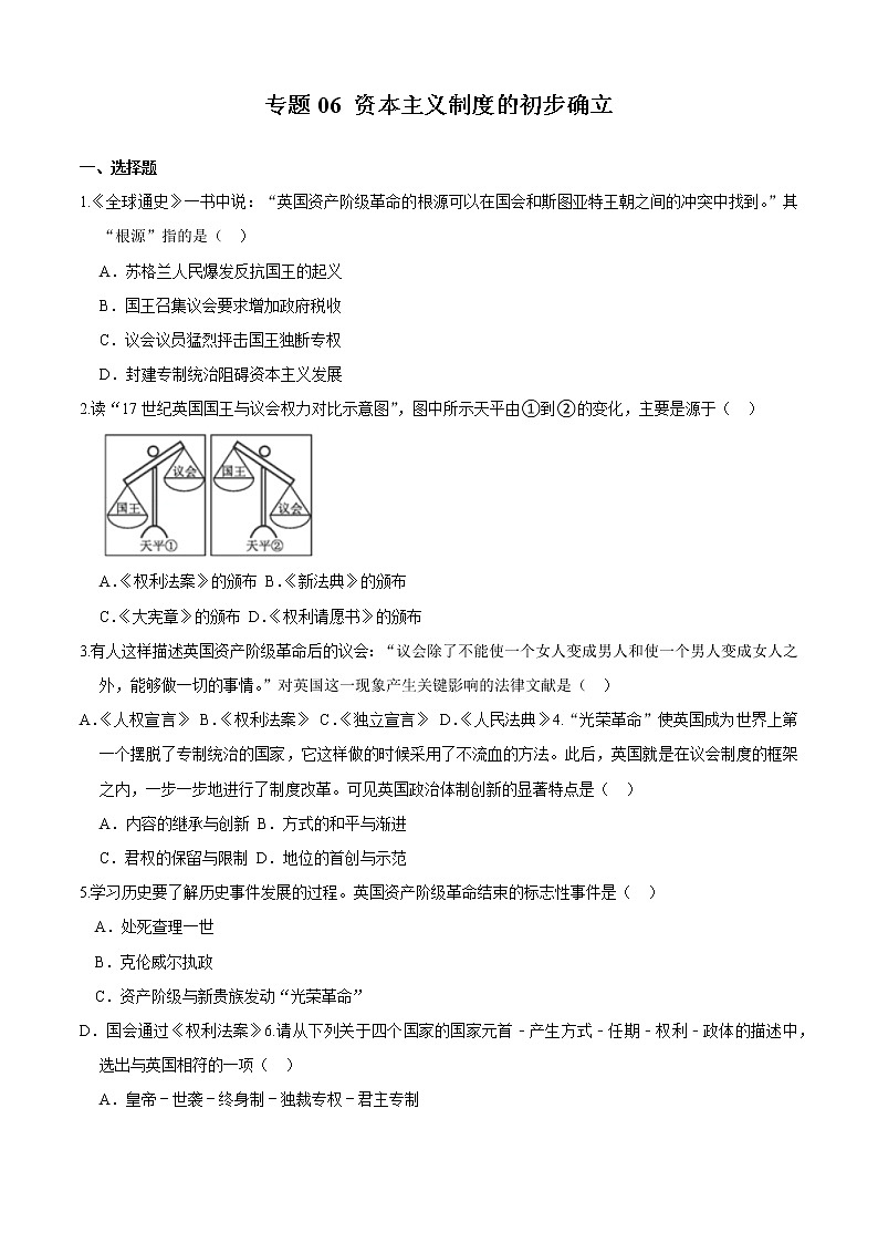 人教版2022-2023学年九年级上学期 专题06 资本主义制度的初步确立（专题过关）（含答案）第1页