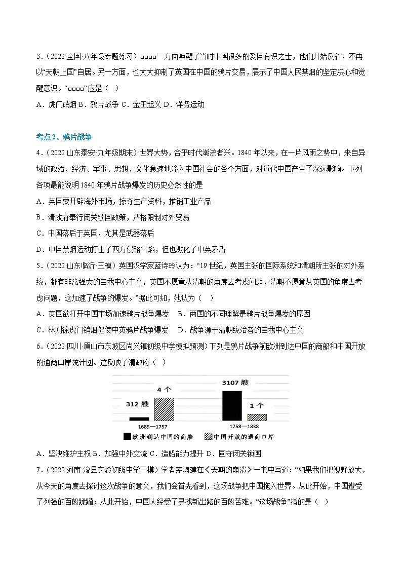 主题一 列强的侵略、民族危机的加剧与中国人民的抗争【考点过关】-2022-2023学年八年级历史上学期期中期末考点大串讲（部编版）02