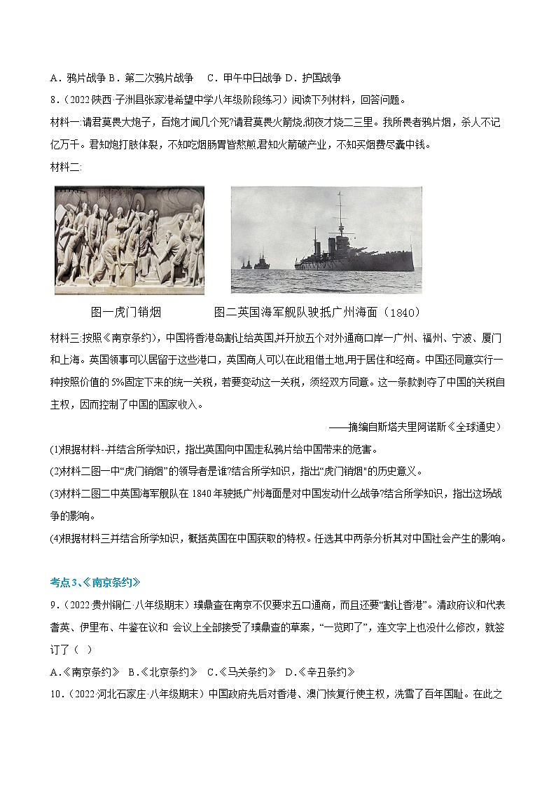 主题一 列强的侵略、民族危机的加剧与中国人民的抗争【考点过关】-2022-2023学年八年级历史上学期期中期末考点大串讲（部编版）03