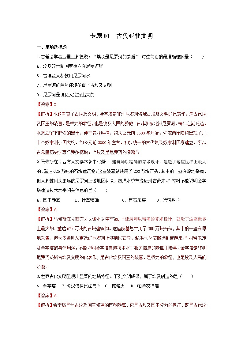 专题01 古代亚非文明（专题过关） - 2022-2023学年九年级历史上学期期中期末考点大串讲（部编版）01