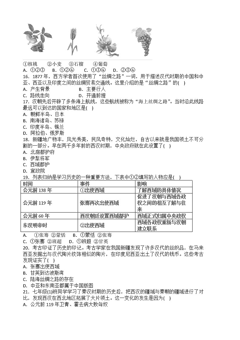 2022-2023学年人教版七年级历史上册 第3单元 第14课 沟通中外文明的“丝绸之路” 课时练习第3页