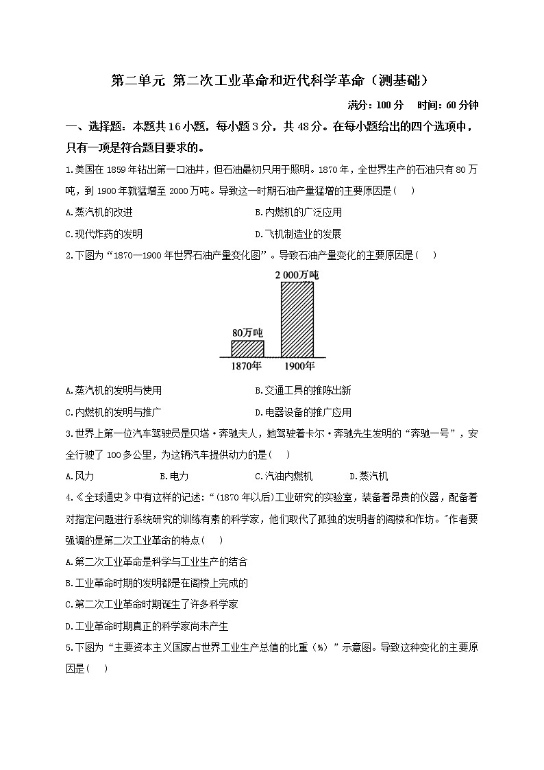 部编版九年级历史下册单元检测卷 第二单元 第二次工业革命和近代科学革命（测基础）第1页