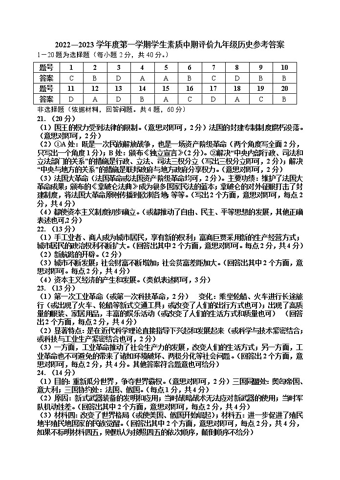 九年级历史答案第1页