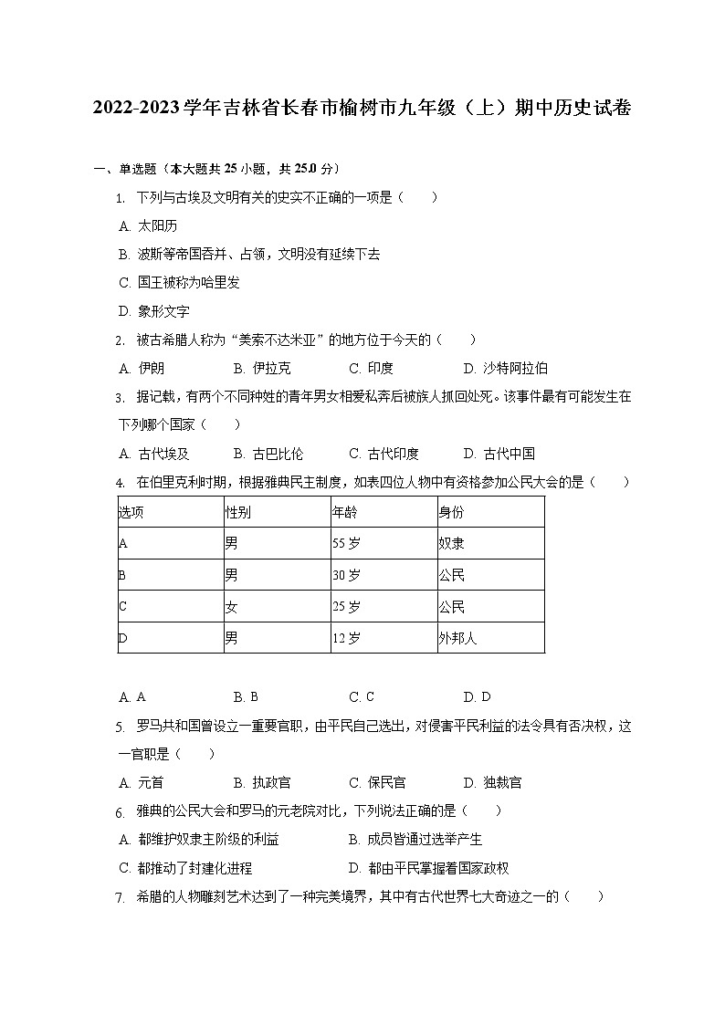 吉林省长春市榆树市2022-2023学年九年级上学期期中历史试卷(含答案)第1页