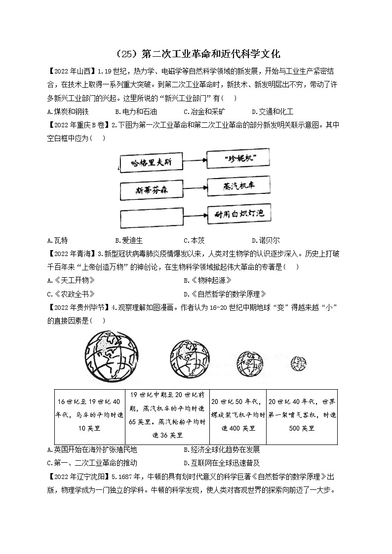 （25）第二次工业革命和近代科学文化——2022年中考历史真题专项汇编第1页