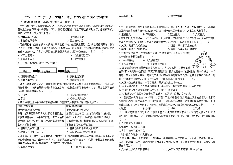 辽宁省沈阳市南昌初级中学2022-2023学年九年级上学期期中考试历史试题（含答案）第1页