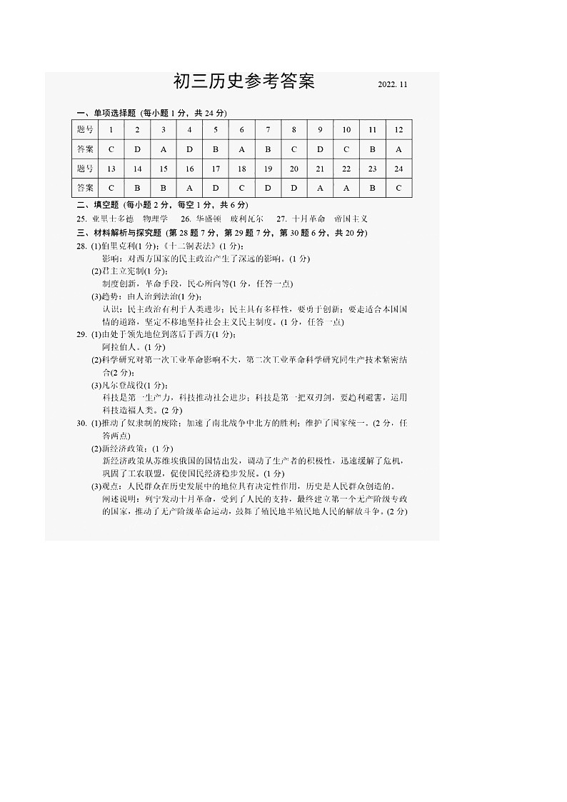 初三历史参考答案第1页