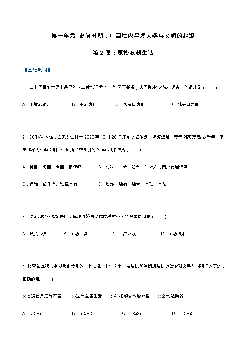 第2课  原始农耕生活（分层作业）-七年级历史上册同步备课系列（部编版）01