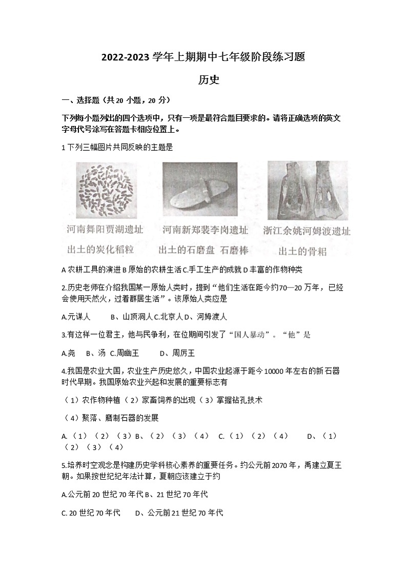 河南省周口市西华县2022-2023学年部编版七年级上学期期中历史试题（含答案）第1页