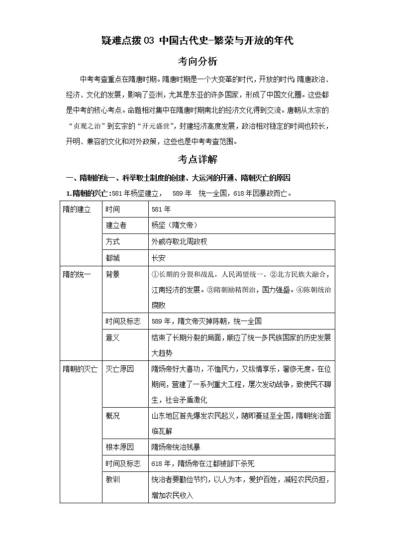 2022年中考历史二轮复习 热点03中国古代史-繁荣与开放的年代（原卷版+解析版）第1页