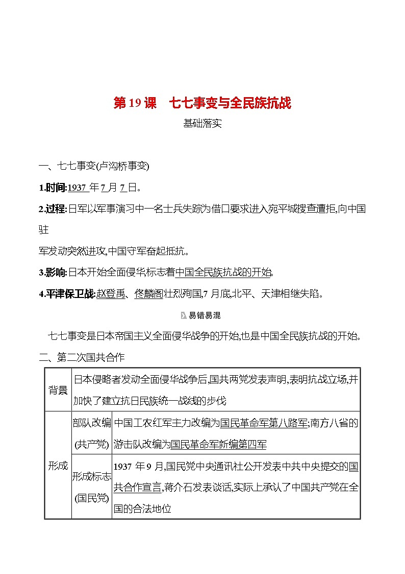 第六单元　第19课　七七事变与全民族抗战 课时训练  2022-2023 人教版 初中历史 八年级上册01