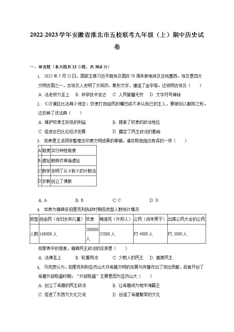 2022-2023学年安徽省淮北市五校联考九年级（上）期中历史试卷（含解析）01