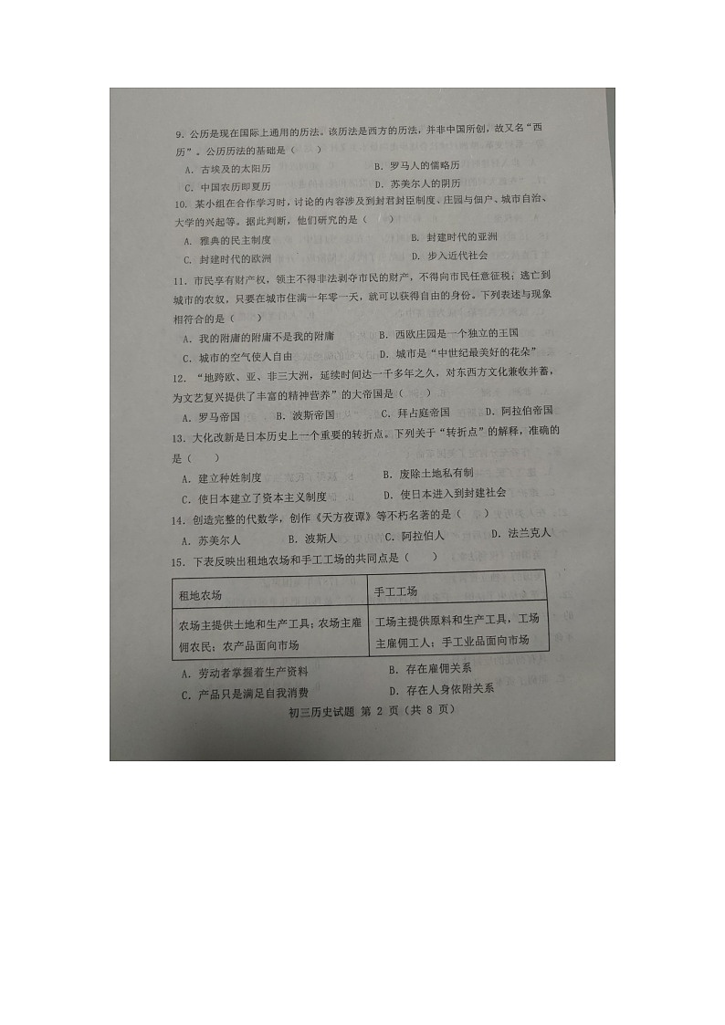 山东省淄博市临淄区2022-2023学年八年级上学期期中考试历史试题第2页
