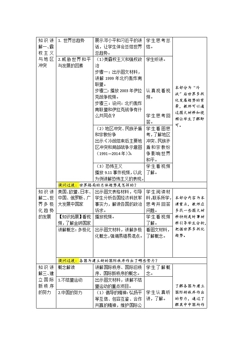 第21课 冷战后的世界格局 教案（表格式）02