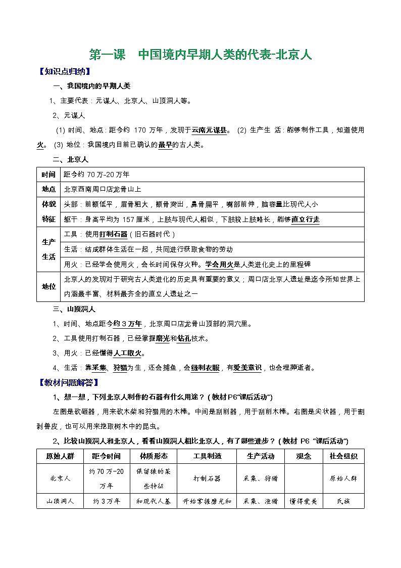 人教部编版七年级上册《历史》第一课  中国境内早期人类的代表-北京人知识点归纳总结、教材习题解答01