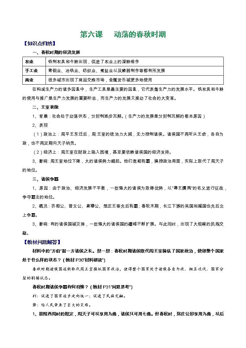 人教部编版七年级上册《历史》第六课   动荡的春秋时期知识点归纳总结、教材习题解答01