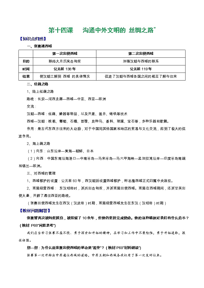 人教部编版七年级上册《历史》第十四课   沟通中外文明的 丝绸之路知识点归纳总结、教材习题解答01