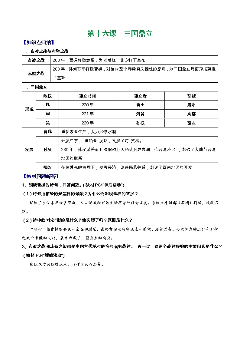 人教部编版七年级上册《历史》第十六课  三国鼎立知识点归纳总结、教材习题解答01