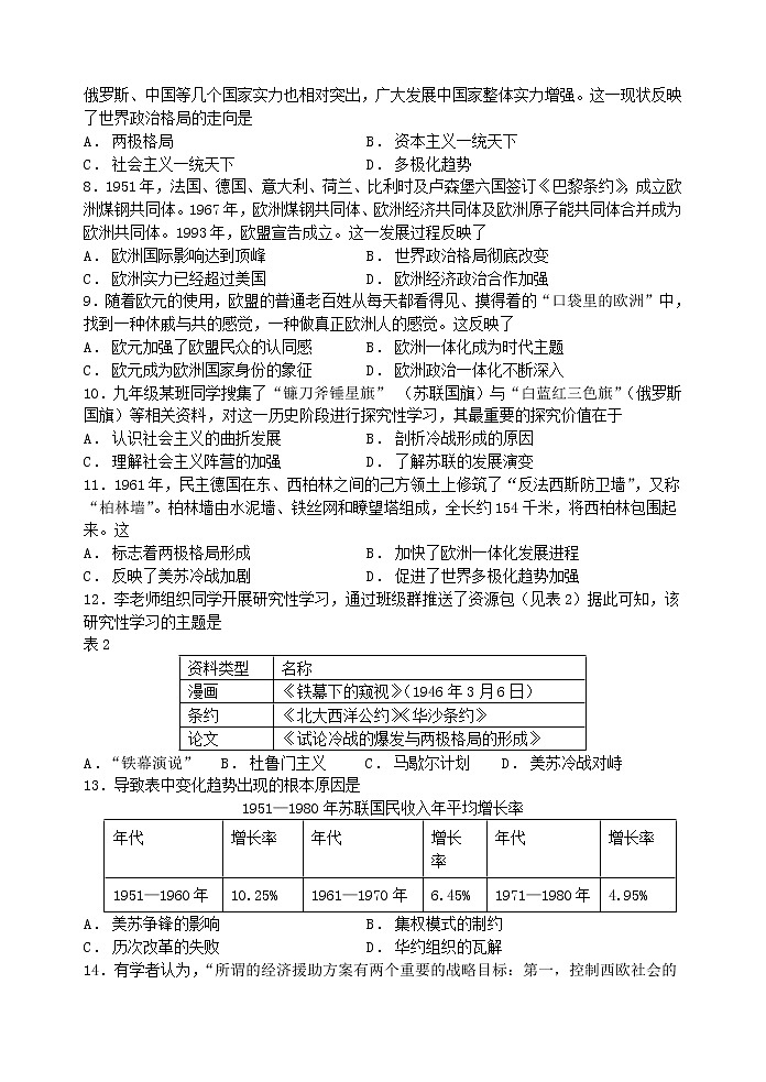 九下历史第五单元测试卷及答案（2022.12）第2页