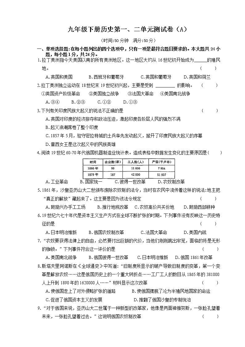九年级下册历史第一、二单元测试卷（A）01