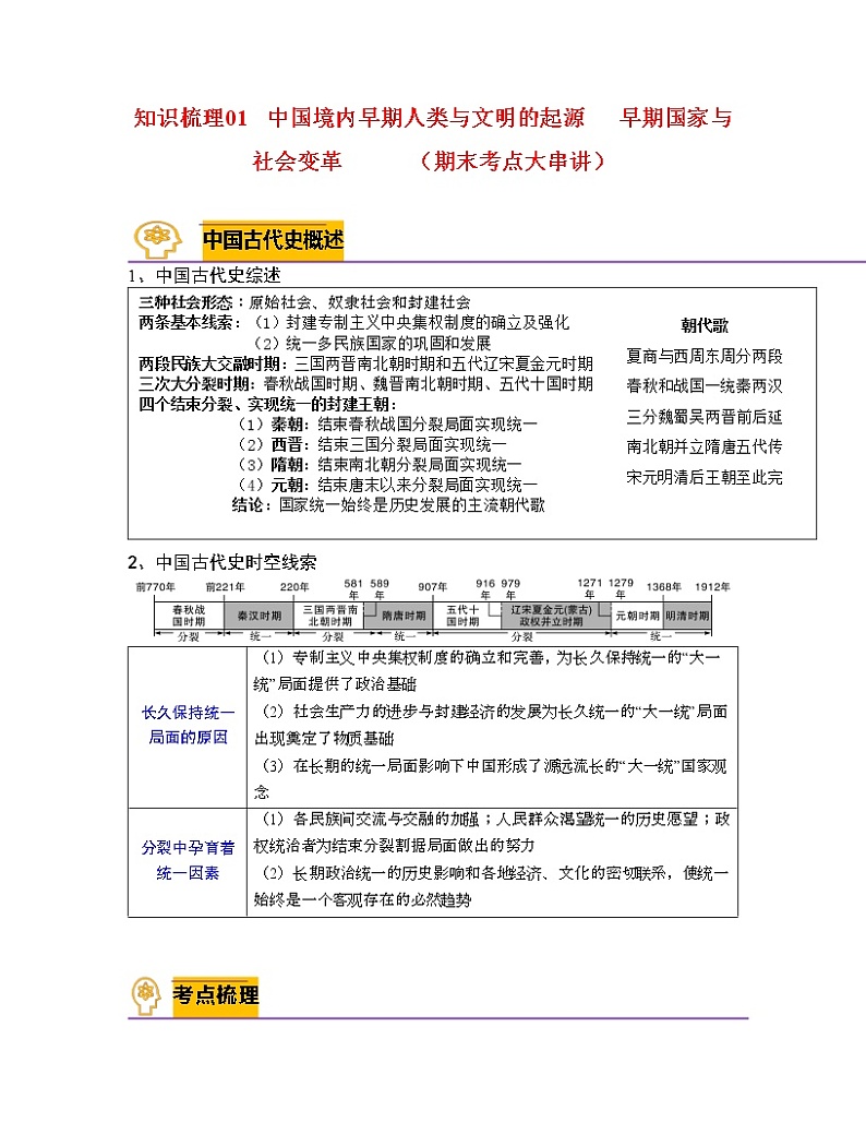【期末全复习】部编版历史七年级上学期  专题01-02《中国境内早期人类与文明的起源、早期国家与社会变革》（知识串讲）第1页