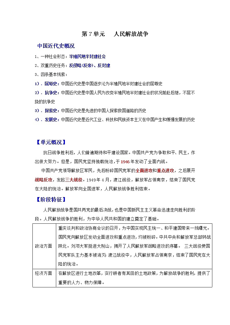 【期末综合备考】部编版历史 八年级上册-第七单元：人民解放战争（知识总结+提升练习）01