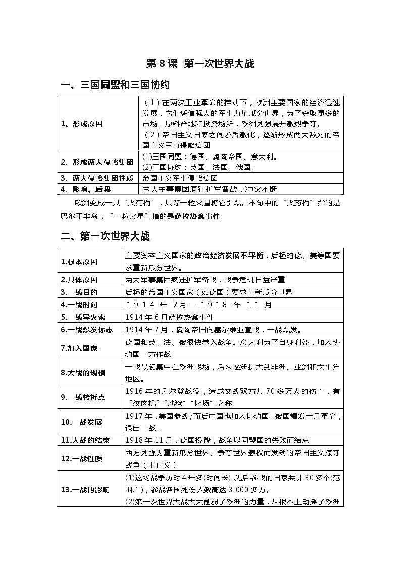3.8第一次世界大战知识点归纳 2022-2023学年九年级下册历史第1页