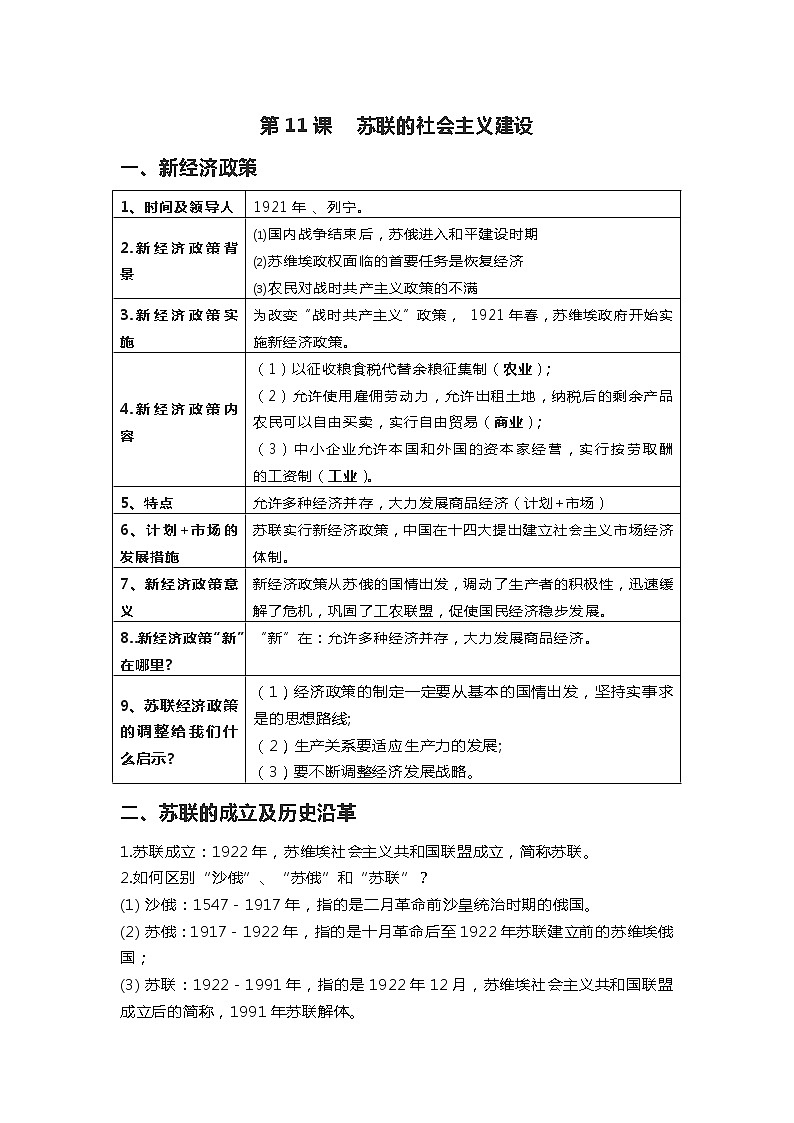 3.11 苏联的社会主义建设知识点归纳 2022-2023学年九年级下册历史01