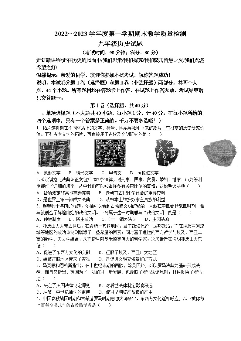 山东省青岛市胶州市2022-2023学年九年级上学期期末历史试题第1页