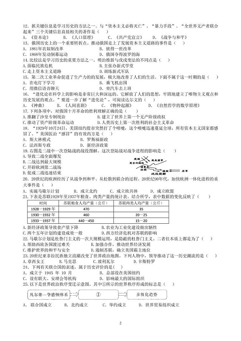 吉林省长春市第二实验中学2022-2023学年九年级上学期期末历史试题02