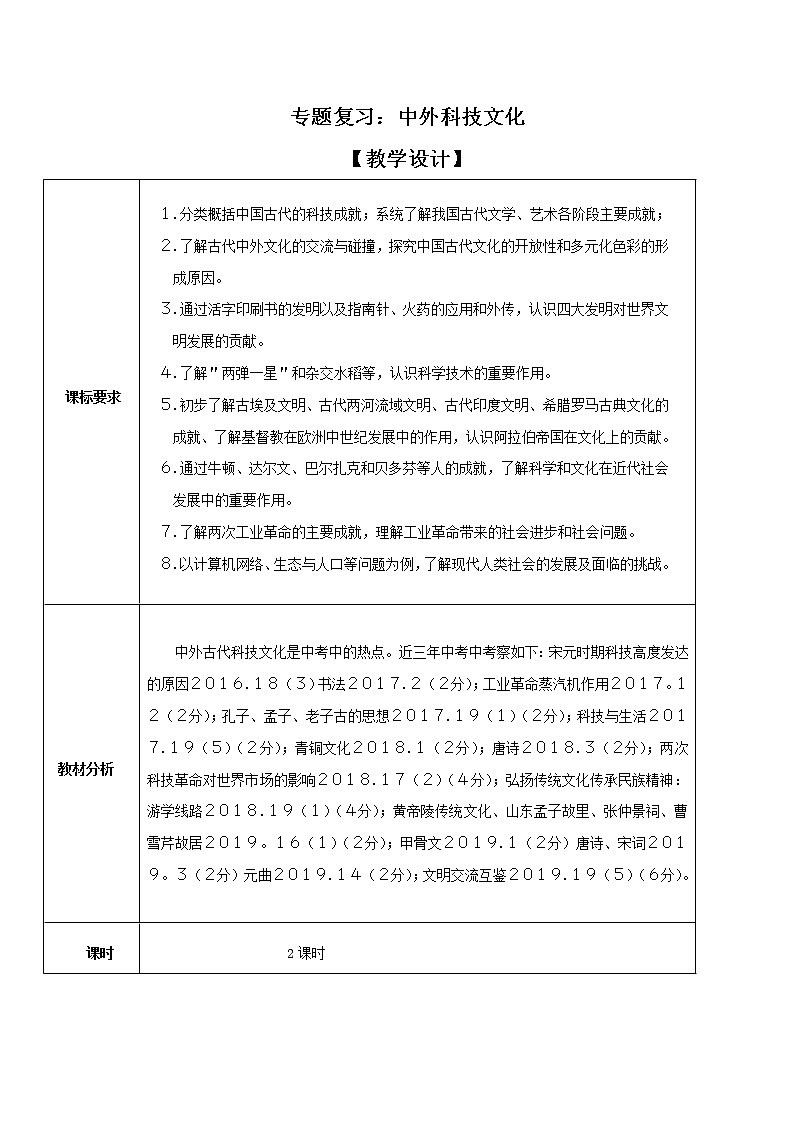专题06 中外科技文化（教学设计）-中考历史二轮复习学历案+教学设计+课件+测试+背诵清单（部编版）01